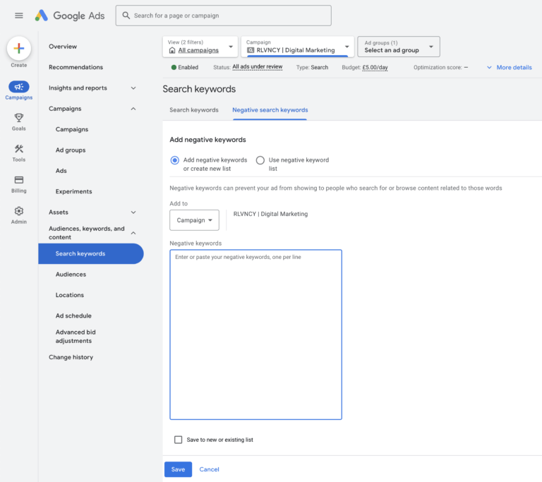 Google Article Negative Keywords - RLVNCY digital marketing agency milton keynes