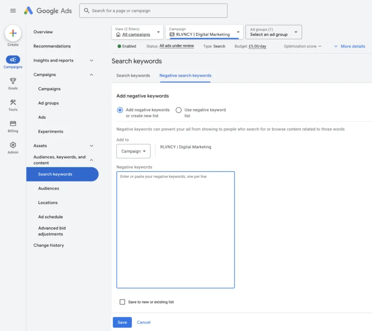 Google Article Negative Keywords - RLVNCY digital marketing agency milton keynes